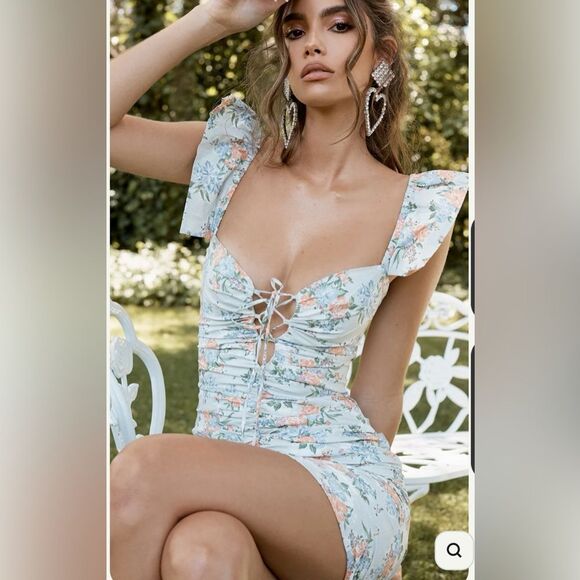 HOUSE OF CB London Kara Floral Mini Dress Ruched LaceUp Ruffle Sleeve Bodycon XS - Picture 5 of 17